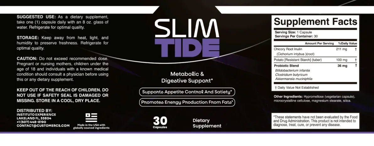 SlimTide Supplement Facts panel showing chicory root inulin 211 mg, potato resistant starch 100 mg and probiotic blend 36 mg